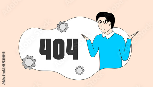Man is standing in front of a 404 error message
