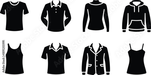 Black silhouette icons showcasing various types of everyday clothing items including shirts and outerwear