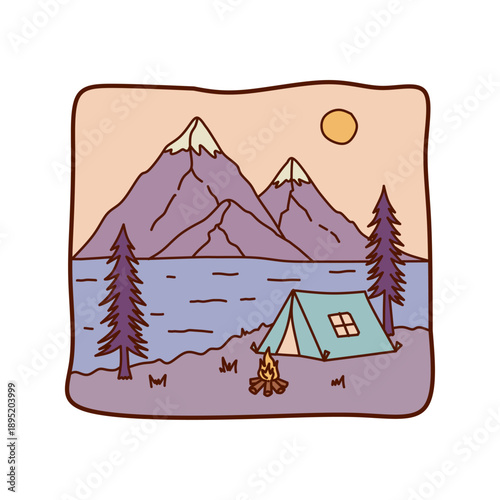 Outdoor Camping Landscape with Tent and Campfire