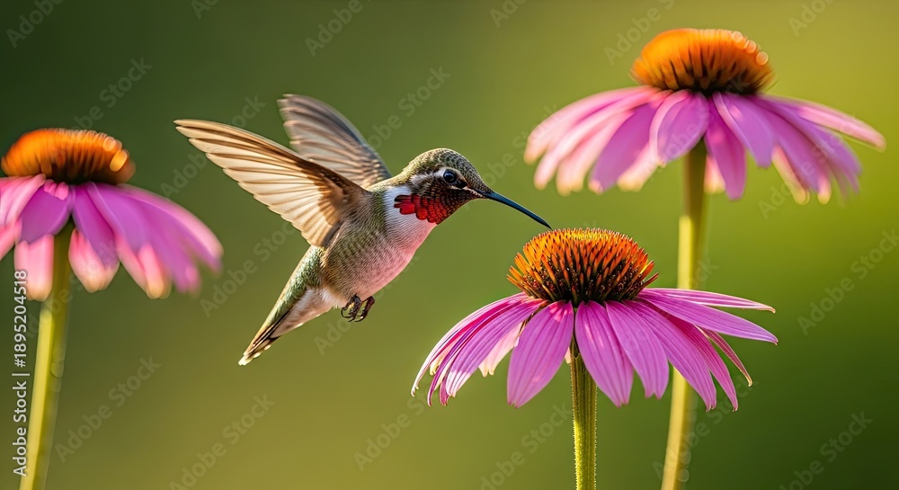 Fototapeta premium Hummingbird sips nectar from a vibrant purple flower in a sunny garden