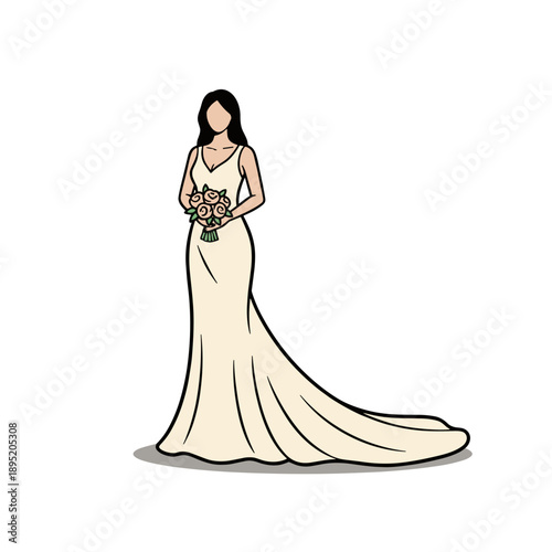 Elegant brunette bride in long wedding dress holding bouquet isolated on white background concept of classic wedding style