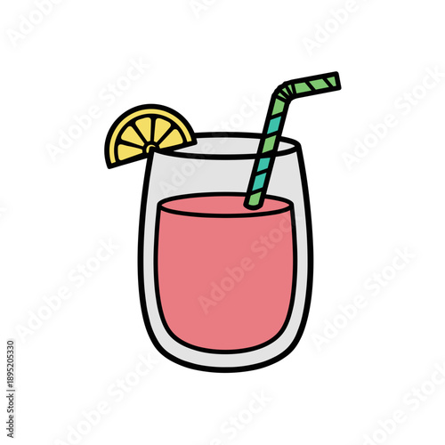 Glass of pink rose lemonade with straw and lemon slice isolated on white background concept of summer refreshment