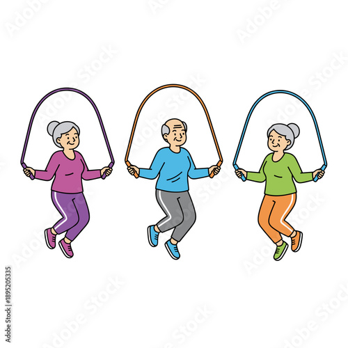Happy senior people jumping rope together concept of active lifestyle and healthy aging