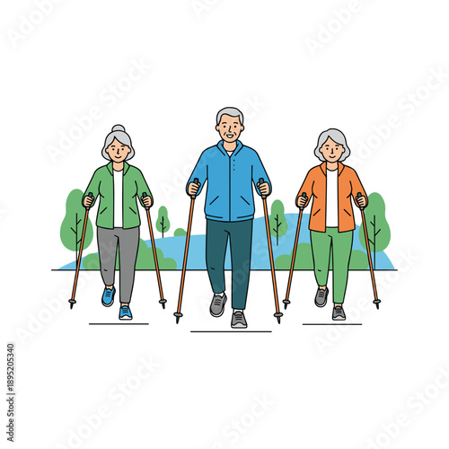 Group of active senior people doing nordic walking outdoors concept of healthy aging and fitness