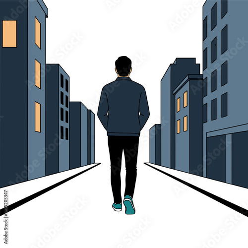 Lonely man walking away along empty city street between buildings concept of solitude and urban life