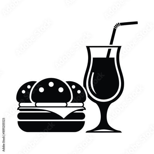 Black and white icon of a triple decker hamburger next to a glass of dark liquid with a straw