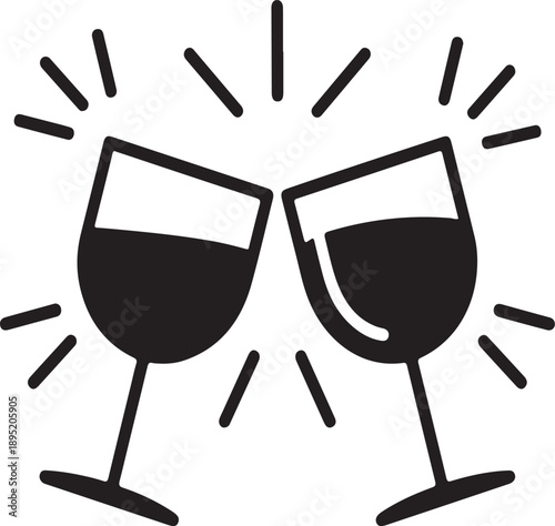 Two glasses clinking icon with sunburst lines for celebration toast