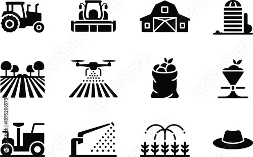Collection of agricultural farming icons showing machinery crops and farm structures
