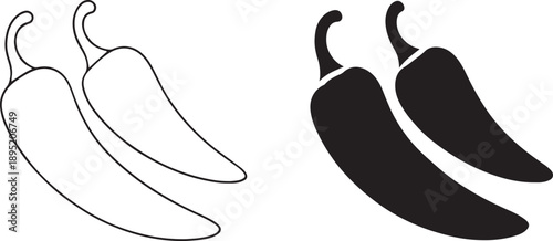 Chili red pepper black silhouette and line icon, paprika hot spice product sign vector.
