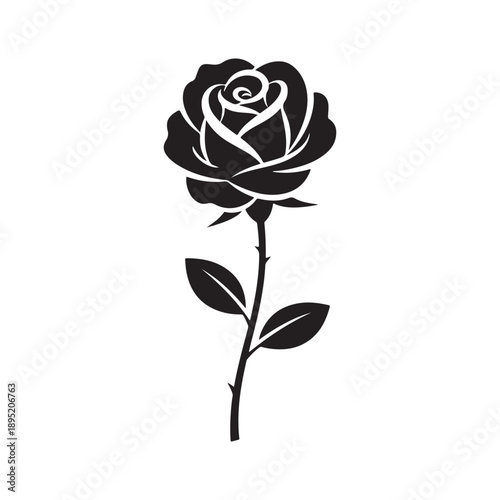 Black silhouette of a single rose flower on a stem with leaves vector illustration
