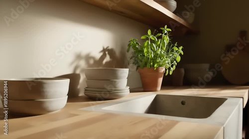 Sunlight streams across a clean kitchen counter, highlighting stacked ceramic bowls and a vibrant potted herb, creating a peaceful domestic atmosphere.