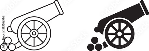 Cannon icon in black silhouette and outline style, military weapon symbol vector design.