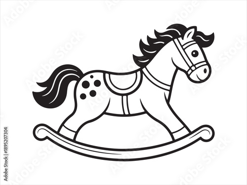 Illustration  of a rocking horse toy with a ribbon vector, Classic black rocking horse silhouette outline on a clean white background
