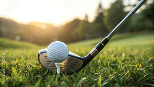 Precision at Play Golf Ball on Tee with Iron Ready to Strike