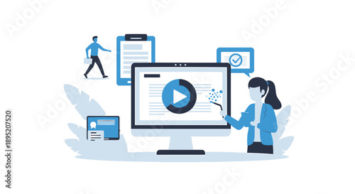 Vector illustration of woman interacting with computer and media icons