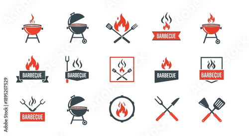 Barbecue Grill Icons Set with Utensils.
