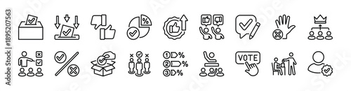 Vote thin line icon set. Contains democracy ballot box, election, choice, decision, counting, percentage, pie chart, candidate, poll, victory, select, audience, entry, right wrong, agree and disagree