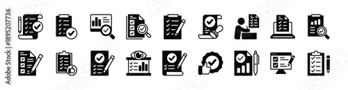 Quality control icon vector set. Contains evaluation, checklist, inspection, validation, checkmark, data analysis, review, list, testing, specification, consistency, approval, monitoring, report