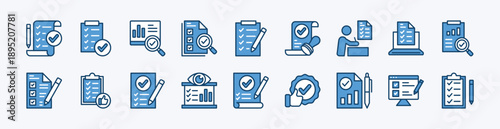 Set of quality control icon. Contains evaluation, checklist, inspection, validation, checkmark, data analysis, review, approval, list, testing, specification, consistency, monitoring, report. Vector