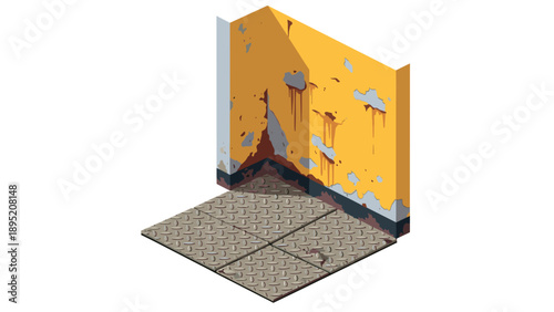 Urban corner with rusty walls and metal floor in isometric design