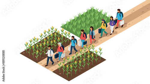 Isometric people walking on path by corn field and green crops