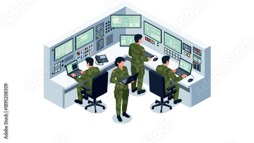Modern command center with military personnel operating computers in isometric style