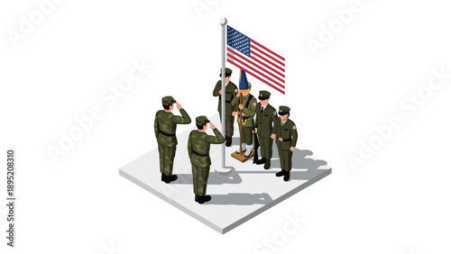Isometric military ceremony with soldiers saluting american flag on white background