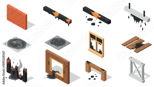 Isometric elements of damaged and burnt building materials