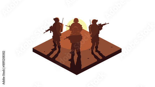 Silhouette of soldiers at sunset: isometric military scene