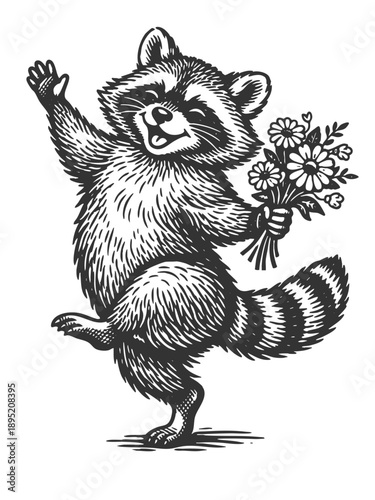Cheerful raccoon character dancing with a bouquet of flowers, illustrated in detailed black and white vintage engraving style. sketch engraving generative ai vector illustration.Black and white image