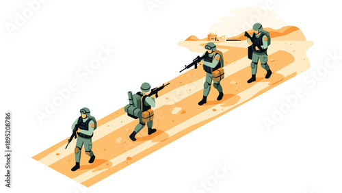 Isometric military patrol in desert landscape with soldiers in camouflage