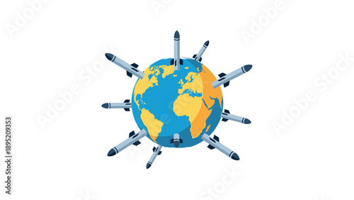 3d globe surrounded by missiles: global conflict and military threat concept