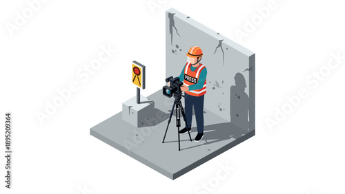 Isometric press cameraman in construction environment capturing footage