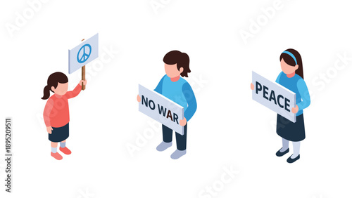 Children advocating peace through cartoon isometric protest signs