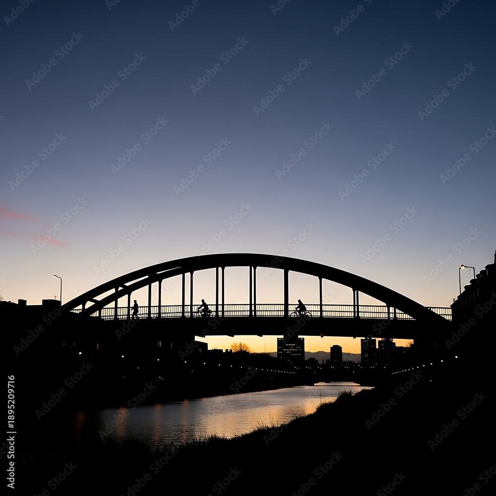 Fototapeta premium Silhouette of bridge over river at sunset.