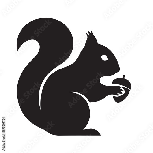 Black and white icon depicting a squirrel with chestnuts, vector icon on a white background.