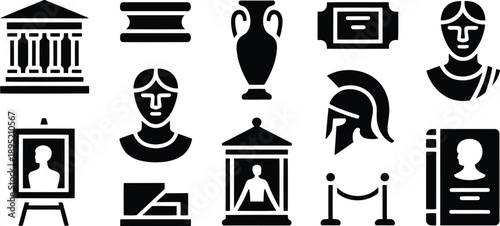 Collection of various black silhouette icons representing museum exhibits and historical artifacts