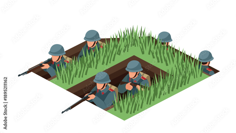 Fototapeta premium Isometric soldiers in trench with grass cover during historical warfare