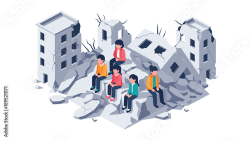 Isometric urban ruins with group of people sitting amidst collapsed buildings