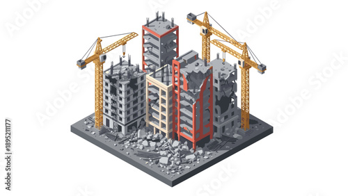 Isometric view of construction site with demolished buildings and tower cranes