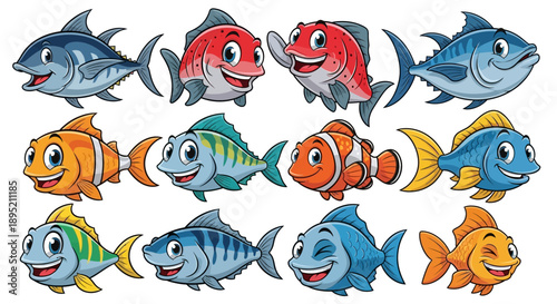 Cartoon Fish Characters Set Illustration.