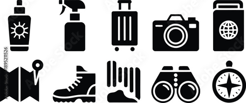 Collection of various black silhouette icons representing travel, vacation, and outdoor adventures