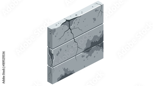 Isometric cracked concrete wall with detailed texture and realistic cracks