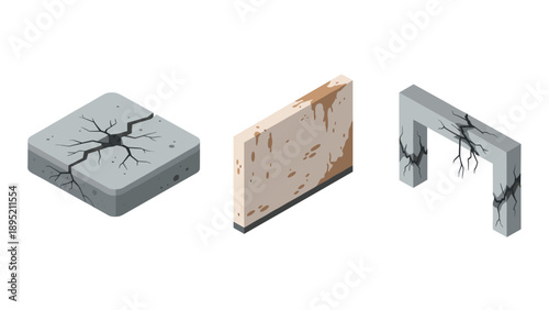 Cracked concrete block, wall, and beam with distressed texture in isometric style