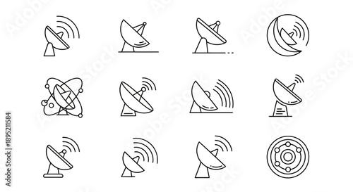 Satellite Dish Antenna Communication Equipment Icons.