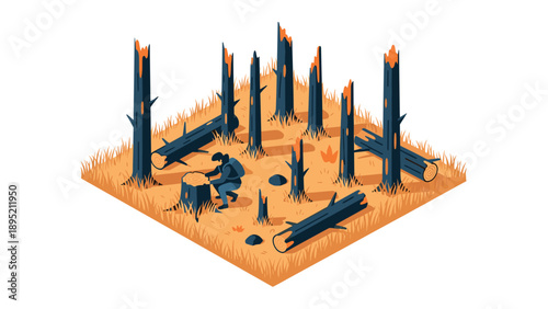 Isometric scene of lumberjack working in a forest clearing