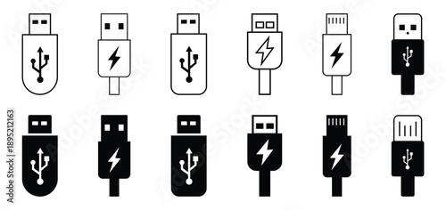 Collection of USB line icon. USB connector and flash drive in black and white silhouettes. USB charging. Flash disk sign and symbol. Vector illustration. 