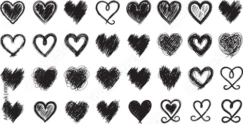 A versatile collection of unique hand-drawn scribble hearts, showcasing diverse sketchy textures and artistic interpretations of love. Ideal for creative design projects