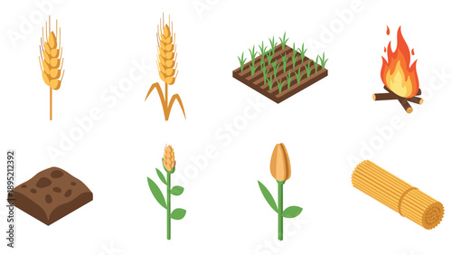 Isometric agriculture icons: wheat, corn, fire, farming tools, and more for farming designs
