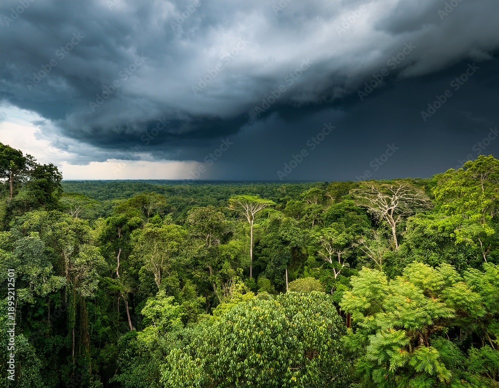 Obraz premium dense rainforest in gabon under an approaching storm with dark clouds and vibrant green foliage